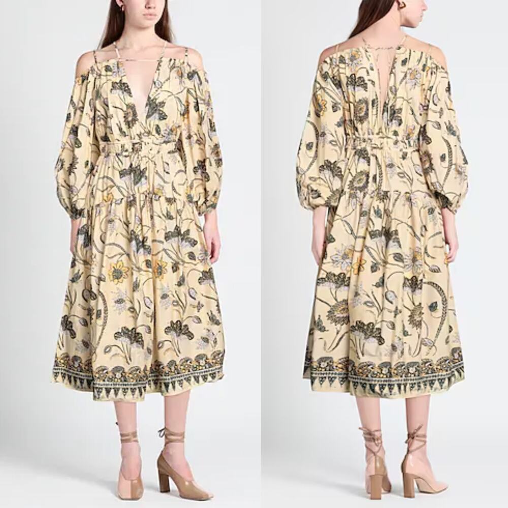 ULLA JOHNSON Tahlia Cold Shoulder Midi Dress Lemonbalm V-Neck Size 0 Preowned